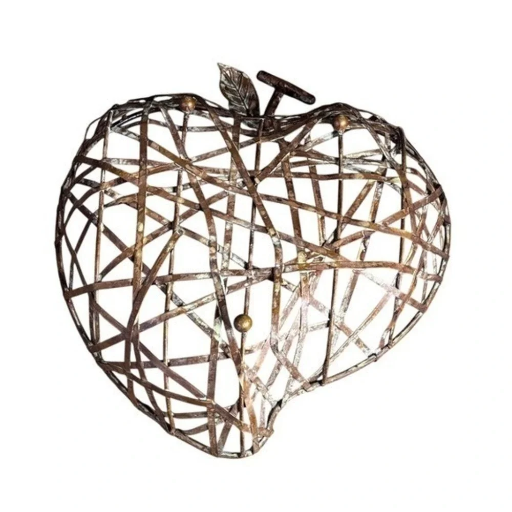 Vintage Metal Shaped Apple Basket Rustic Brown Decorative Cottage Core Woven